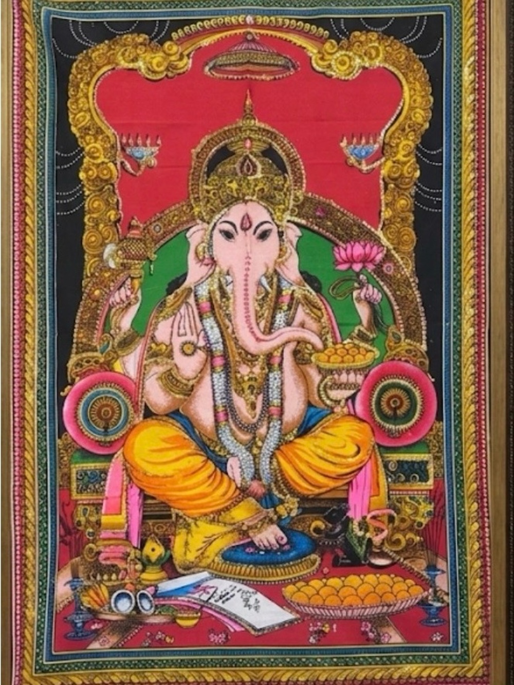 Artisan Multicolor Ganesha Tapestry Wall Art with Gold Accents